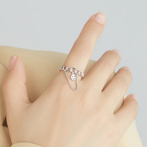 925 Sterling Silver Fashion Cute Hollow Geometric Smiley Face Tassel Adjustable Opening Ring