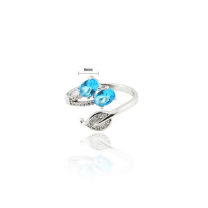 925 Sterling Silver Simple Fashion Leaf Adjustable Opening Ring with Blue Cubic Zirconia