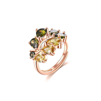 Fashion Temperament Plated Rose Gold Leaf Adjustable Ring with Green Cubic Zirconia