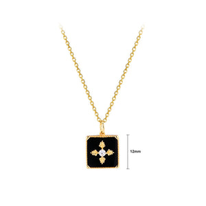 925 Sterling Silver Plated Gold Simple Vintage Leaf Pattern Geometric Square Pendant with Cubic Zirconia and Necklace