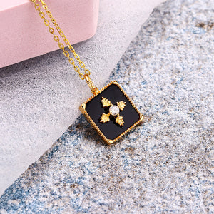 925 Sterling Silver Plated Gold Simple Vintage Leaf Pattern Geometric Square Pendant with Cubic Zirconia and Necklace