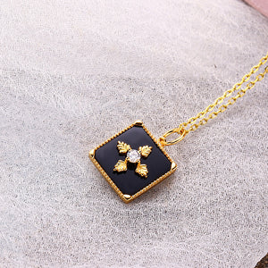 925 Sterling Silver Plated Gold Simple Vintage Leaf Pattern Geometric Square Pendant with Cubic Zirconia and Necklace