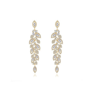 Elegant Temperament Plated Gold Leaf Tassel Earrings with Cubic Zirconia