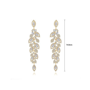 Elegant Temperament Plated Gold Leaf Tassel Earrings with Cubic Zirconia