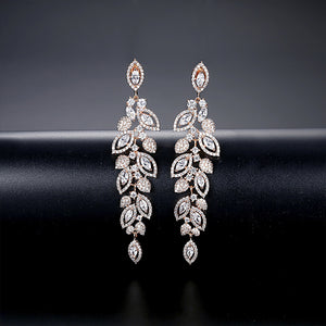 Elegant Temperament Plated Gold Leaf Tassel Earrings with Cubic Zirconia