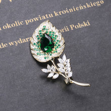 Load image into Gallery viewer, Elegant and Bright Plated Gold Leaf Brooch with Green Cubic Zirconia