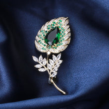 Load image into Gallery viewer, Elegant and Bright Plated Gold Leaf Brooch with Green Cubic Zirconia