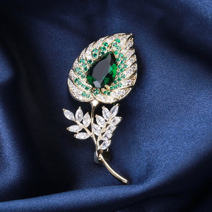 Elegant and Bright Plated Gold Leaf Brooch with Green Cubic Zirconia