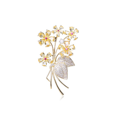 Fashion Bright Plated Gold Flower Brooch with Yellow Cubic Zirconia