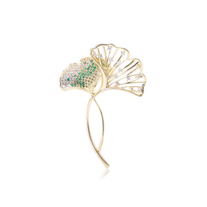 Fashion and Simple Plated Gold Hollow Ginkgo Leaf Brooch with Cubic Zirconia