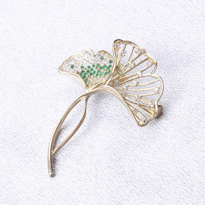 Fashion and Simple Plated Gold Hollow Ginkgo Leaf Brooch with Cubic Zirconia