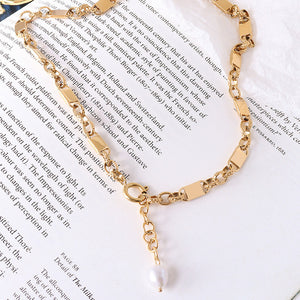 Simple Temperament Plated Gold 316L Stainless Steel Chain Tassel Imitation Pearl Necklace