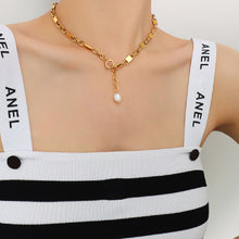 Load image into Gallery viewer, Simple Temperament Plated Gold 316L Stainless Steel Chain Tassel Imitation Pearl Necklace