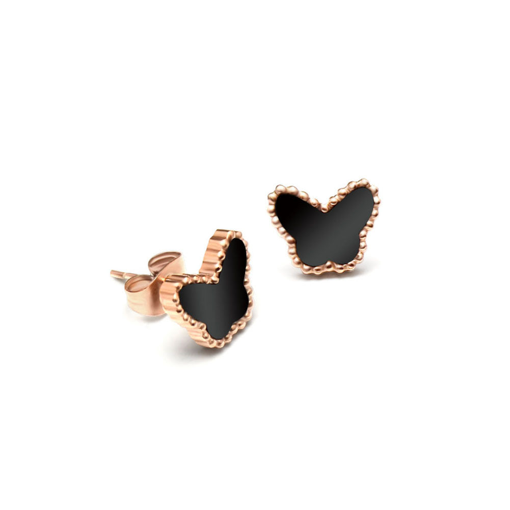 Simple Fashion Plated Rose Gold 316L Stainless Steel Black Butterfly Stud Earrings