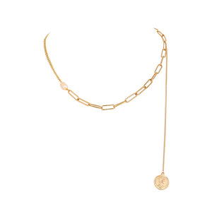 Fashion Simple Plated Gold Tassel Queen Round Stitched Chain Imitation Pearl Necklace