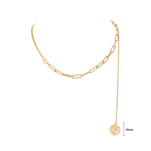 Fashion Simple Plated Gold Tassel Queen Round Stitched Chain Imitation Pearl Necklace