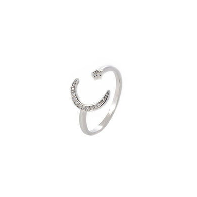 Fashion Simple Moon Star Adjustable Open Ring with Cubic Zirconia