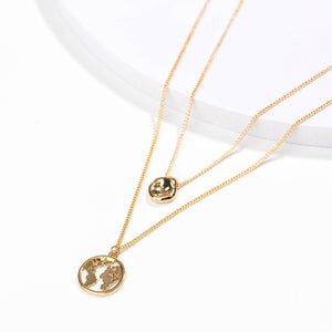 Fashion Simple Plated Gold Hollow Map Geometric Round Pendant with Double Layer Necklace