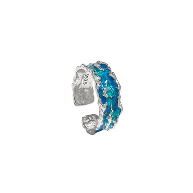 925 Sterling Silver Fashion Personality Enamel Blue Irregular Texture Geometric Adjustable Open Ring