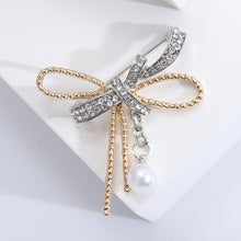 Load image into Gallery viewer, Simple Sweet Plated Gold Ribbon Imitate Pearl Brooch with Cubic Zirconia