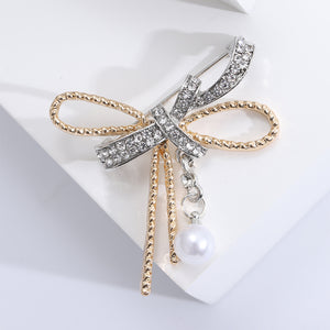 Simple Sweet Plated Gold Ribbon Imitate Pearl Brooch with Cubic Zirconia