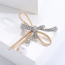 Load image into Gallery viewer, Simple Sweet Plated Gold Ribbon Imitate Pearl Brooch with Cubic Zirconia