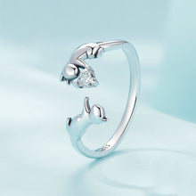 Load image into Gallery viewer, 925 Sterling Silver Simple Cute Cat Heart Shape Adjustable Open Ring with Cubic Zirconia