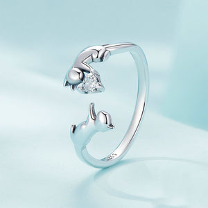 925 Sterling Silver Simple Cute Cat Heart Shape Adjustable Open Ring with Cubic Zirconia