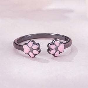 925 Sterling Silver Plated Black Cute Sweet Pink Cat Claw Geometric Adjustable Open Ring