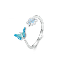 Load image into Gallery viewer, 925 Sterling Silver Fashion Simple Enamel Blue Butterfly Flower Adjustable Open Ring with Cubic Zirconia