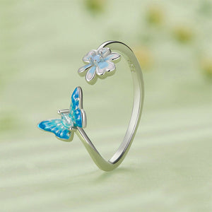 925 Sterling Silver Fashion Simple Enamel Blue Butterfly Flower Adjustable Open Ring with Cubic Zirconia