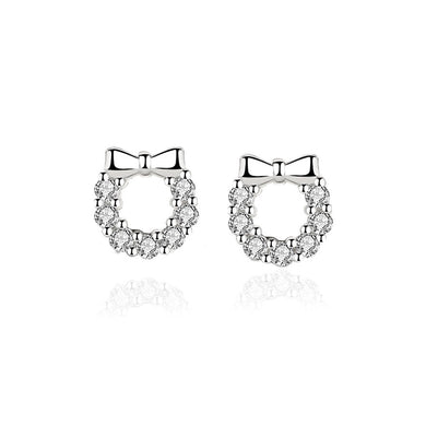 925 Sterling Silver Simple Sweet Ribbon Wreath Stud Earrings with Cubic Zirconia