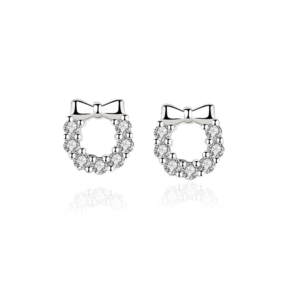 925 Sterling Silver Simple Sweet Ribbon Wreath Stud Earrings with Cubic Zirconia