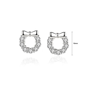 925 Sterling Silver Simple Sweet Ribbon Wreath Stud Earrings with Cubic Zirconia