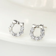 Load image into Gallery viewer, 925 Sterling Silver Simple Sweet Ribbon Wreath Stud Earrings with Cubic Zirconia