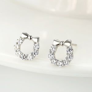 925 Sterling Silver Simple Sweet Ribbon Wreath Stud Earrings with Cubic Zirconia