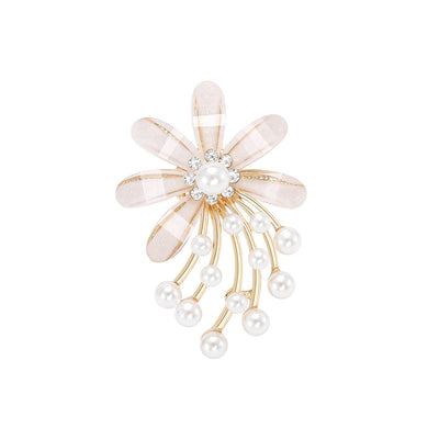 Fashion Elegant Plated Gold Floral Tassel Imitation Pearl Brooch with Cubic Zirconia