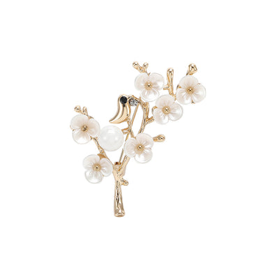 Fashion and Elegant Plated Gold Shell Plum Bird Brooch with Imitation Pearl