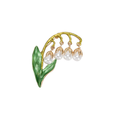 Fashion Temperament Plated Gold Enamel Green Lily Of The Valley Brooch with Imitation Pearls