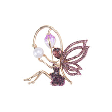 Load image into Gallery viewer, Fashion Creative Plated Gold Flower Fairy Imitation Pearl Brooch with Purple Cubic Zirconia