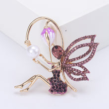 Load image into Gallery viewer, Fashion Creative Plated Gold Flower Fairy Imitation Pearl Brooch with Purple Cubic Zirconia