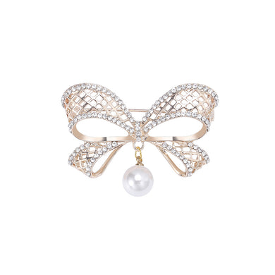 Fashion Sweet Plated Gold Hollow Ribbon Imitation Pearl Brooch with Cubic Zirconia