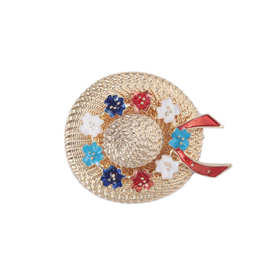 Fashion Simple Plated Gold Enamel Flower Straw Hat Brooch