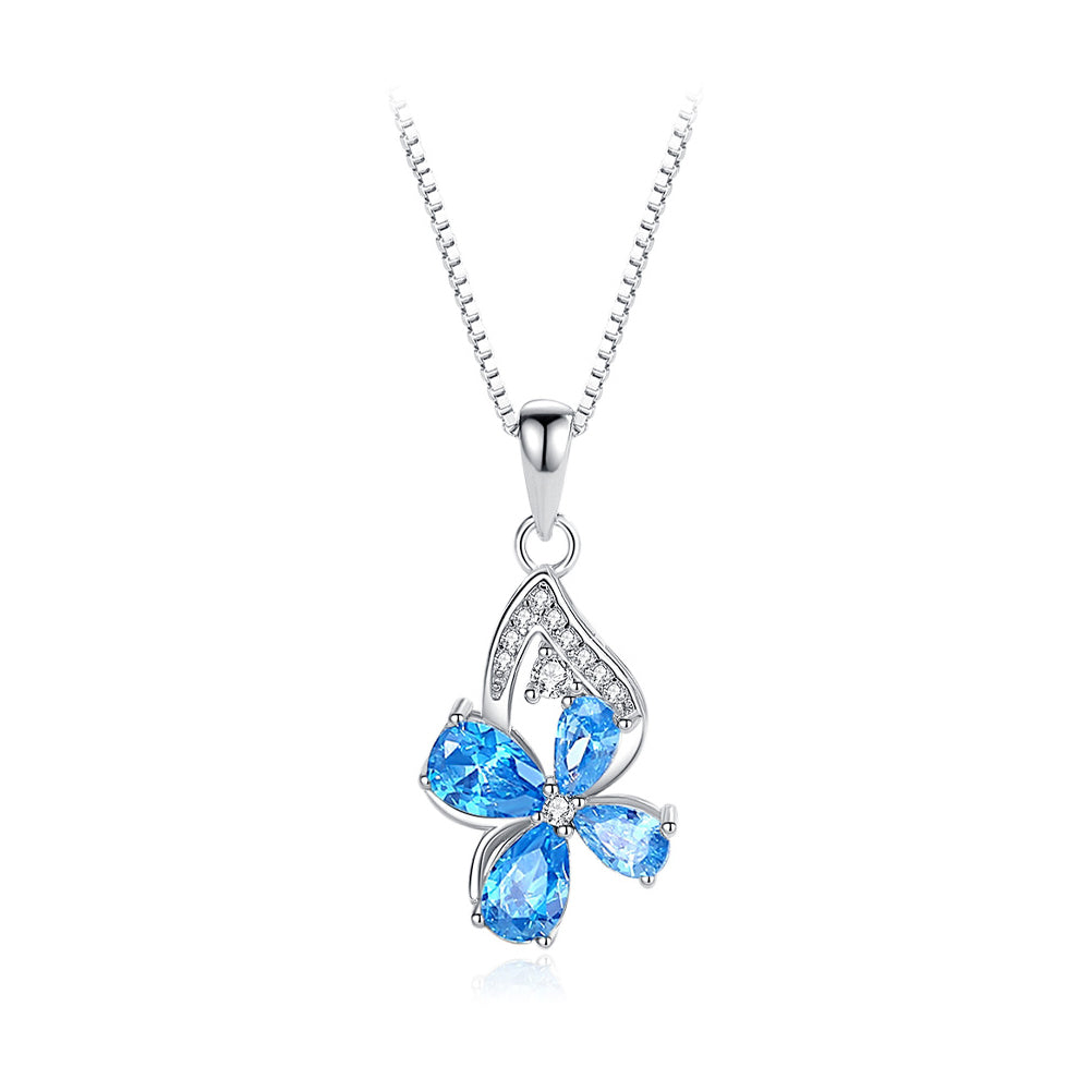 925 Sterling Silver Fashion Temperament Four-leafed Clover Pendant with Blue Cubic Zirconia and Necklace