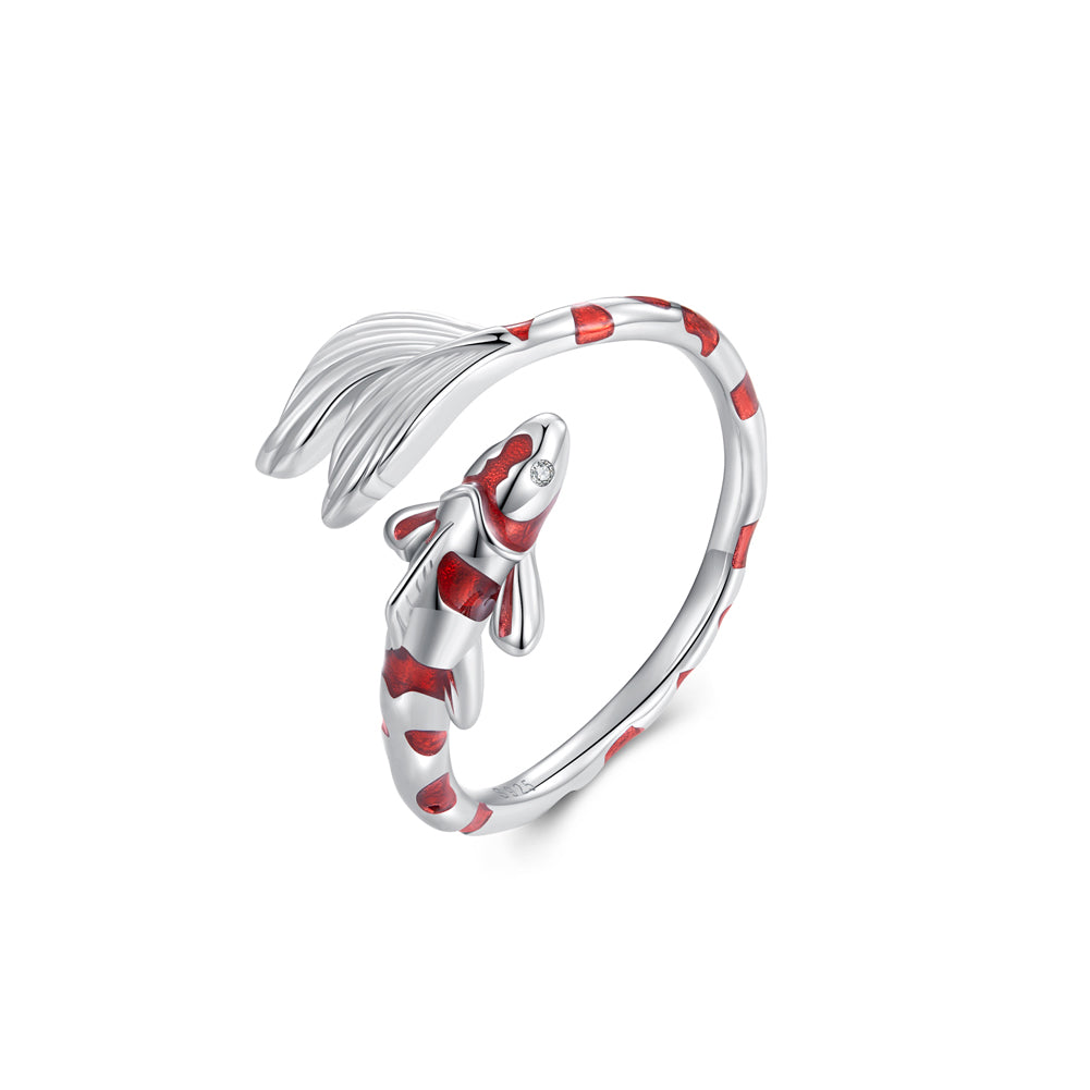 925 Sterling Silver Fashion Vintage Enamel Red Koi Adjustable Open Ring with Cubic Zirconia