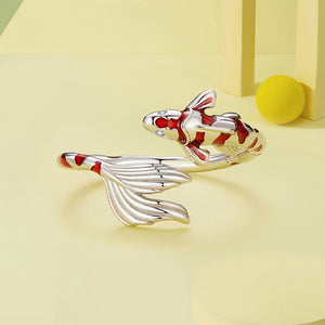 925 Sterling Silver Fashion Vintage Enamel Red Koi Adjustable Open Ring with Cubic Zirconia