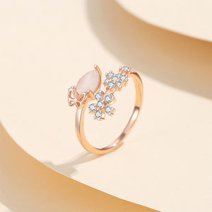 925 Sterling Silver Plated Rose Gold Fashion Simple Flower Adjustable Open Ring with Cubic Zirconia