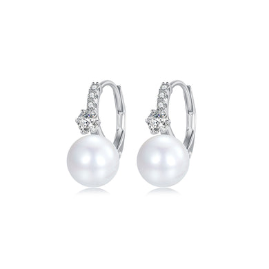 925 Sterling Silver Simple Elegant Geometric Imitation Pearl Earrings with Cubic Zirconia