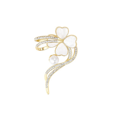 Fashion and Elegant Plated Gold Four-leafed Clover Ribbon Imitation Pearl Brooch with Cubic Zirconia