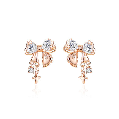 925 Sterling Silver Plated Rose Gold Sweet Fashion Ribbon Stud Earrings with Cubic Zirconia